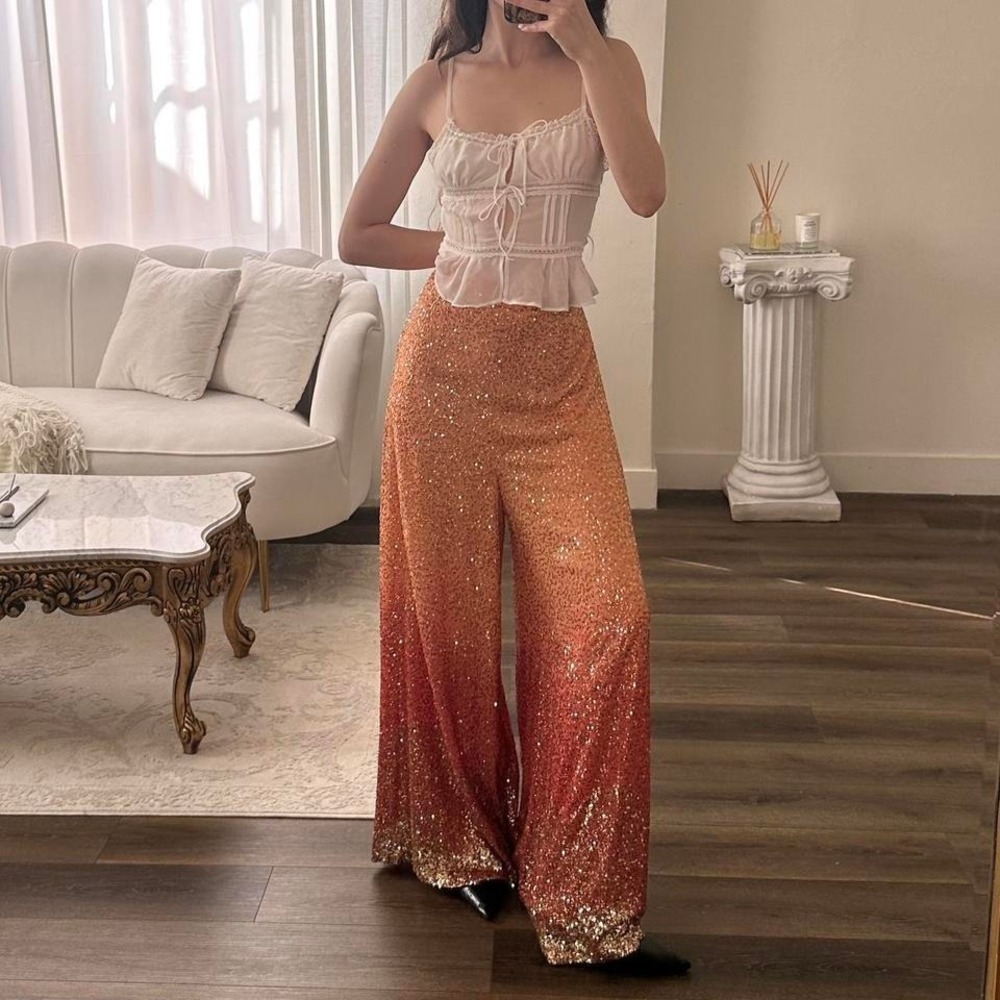 70's style Alka Vora S Ombre Sequin Orange And Gold Wide Leg Palazzo Pants